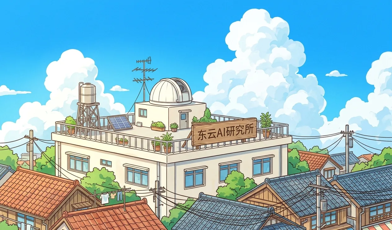 The EastCloud AI Lab rooftop above a seaside town under summer clouds (original illustration)
