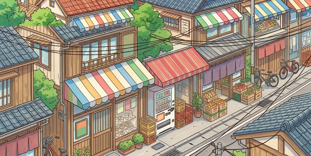 Shopping street from above (original illustration)