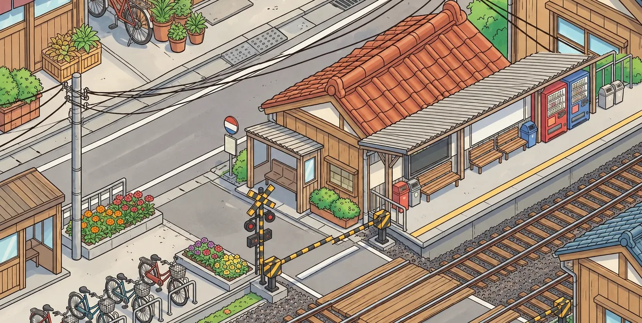 Small-town station and rails (original illustration)