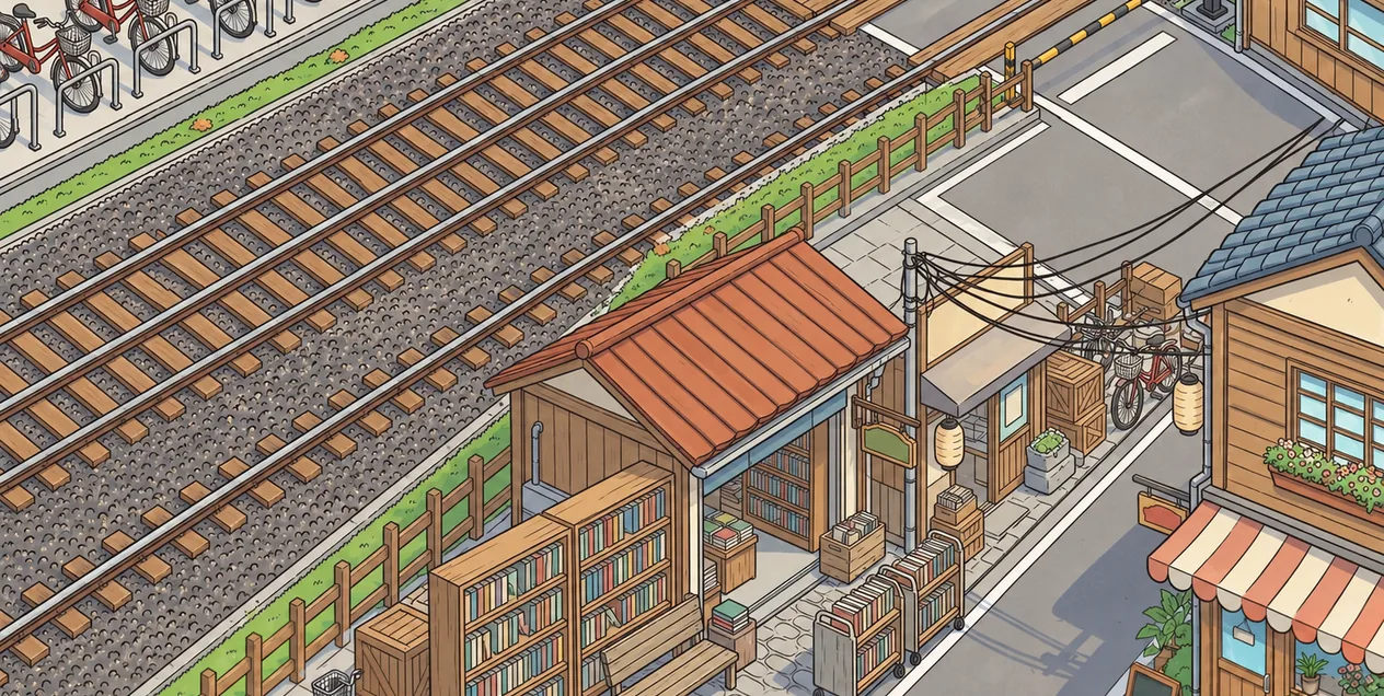 A row of shops with a secondhand bookstore (original illustration)