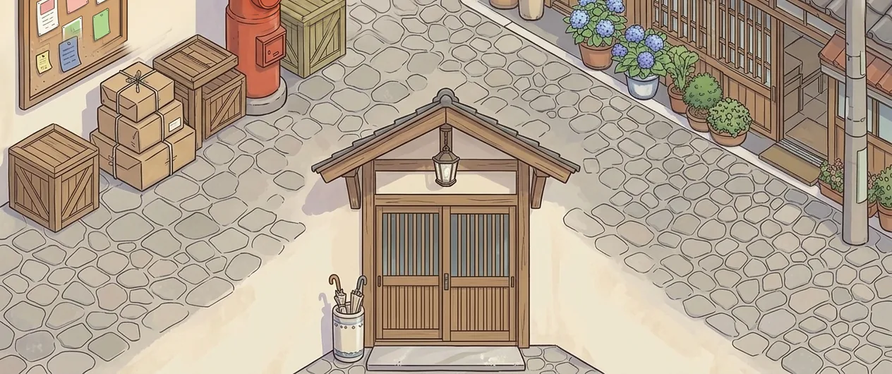 Corner mail & print shop and the lab’s front door (original illustration)